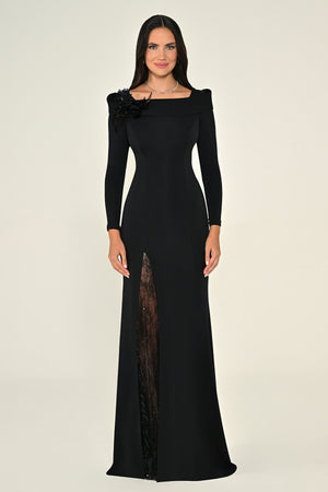 Long Sleeve Lace Slit Knit Long Dress