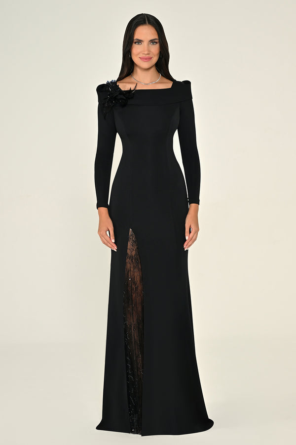 Long Sleeve Lace Slit Knit Long Dress