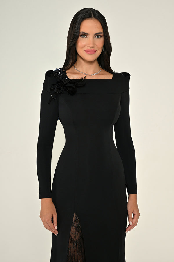 Long Sleeve Lace Slit Knit Long Dress