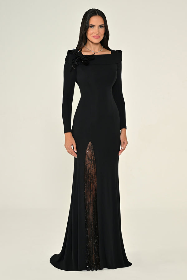 Long Sleeve Lace Slit Knit Long Dress