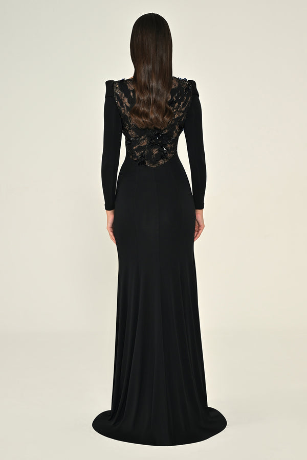 Long Sleeve Lace Slit Knit Long Dress