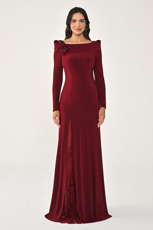 Long Sleeve Lace Slit Knit Long Dress