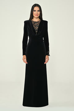 Long-Sleeved, Embroidered Deep V-Neck Sequin Velvet Maxi Dress