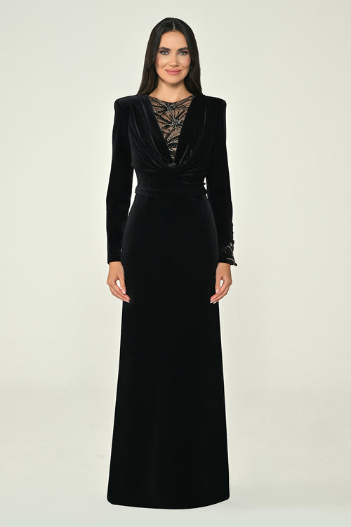 Long-Sleeved, Embroidered Deep V-Neck Sequin Velvet Maxi Dress