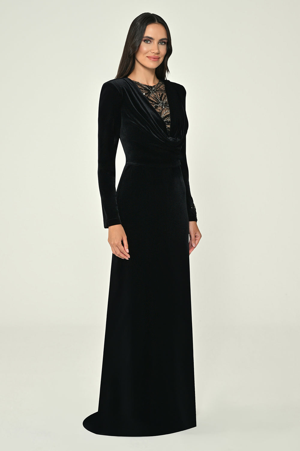 Long-Sleeved, Embroidered Deep V-Neck Sequin Velvet Maxi Dress