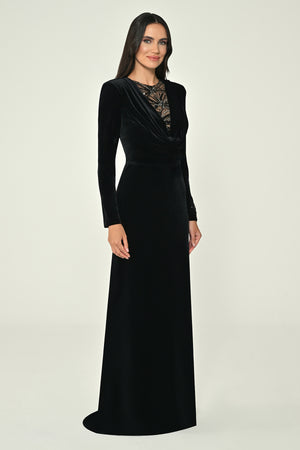 Long-Sleeved, Embroidered Deep V-Neck Sequin Velvet Maxi Dress