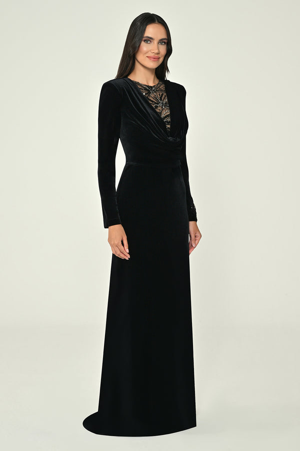 Long-Sleeved, Embroidered Deep V-Neck Sequin Velvet Maxi Dress