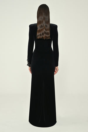 Long-Sleeved, Embroidered Deep V-Neck Sequin Velvet Maxi Dress