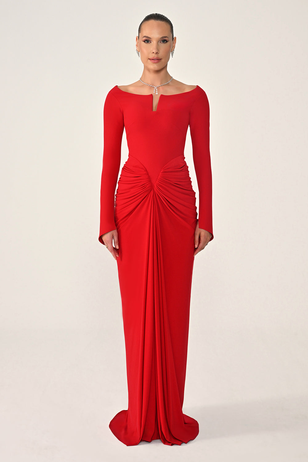 Long-Sleeved Draped Knit Long Dress
