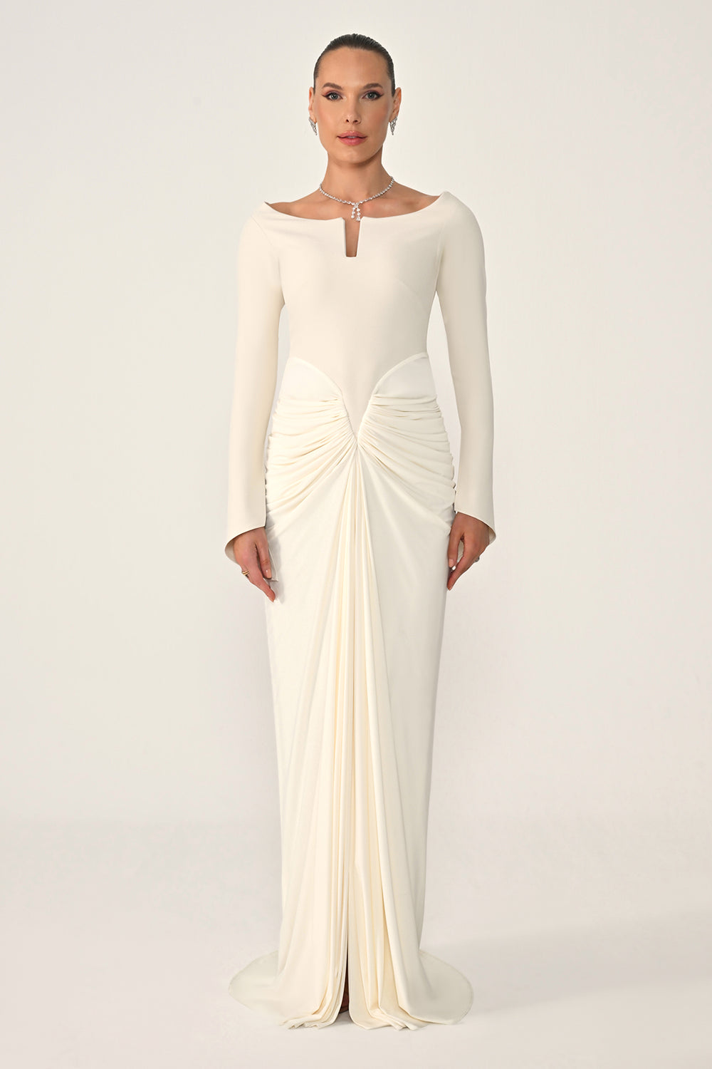 Long-Sleeved Draped Knit Long Dress