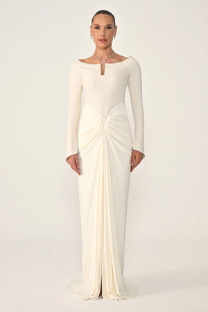 Long-Sleeved Draped Knit Long Dress