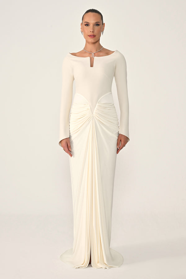 Long-Sleeved Draped Knit Long Dress