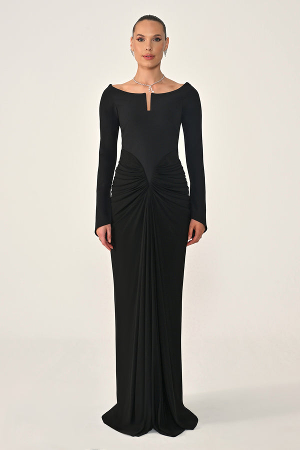 Long-Sleeved Draped Knit Long Dress
