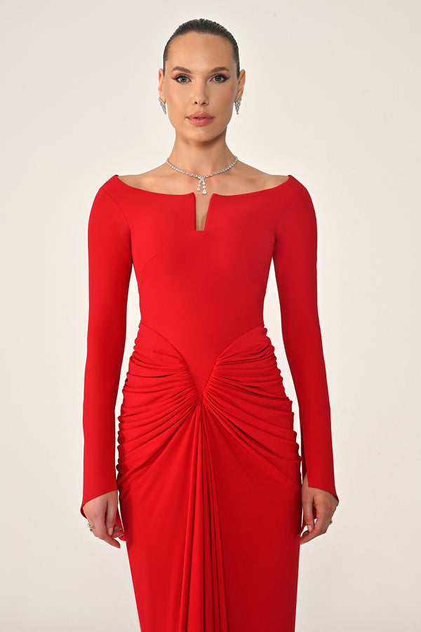 Long-Sleeved Draped Knit Long Dress