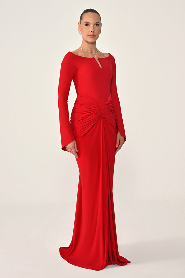 Long-Sleeved Draped Knit Long Dress