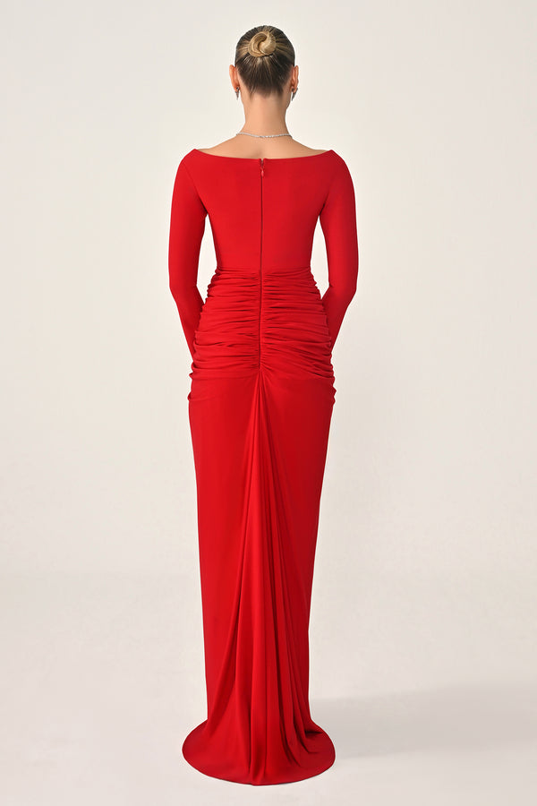 Long-Sleeved Draped Knit Long Dress