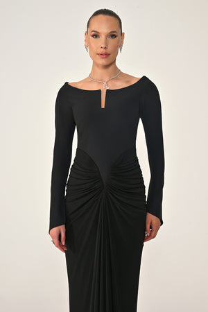 Long-Sleeved Draped Knit Long Dress