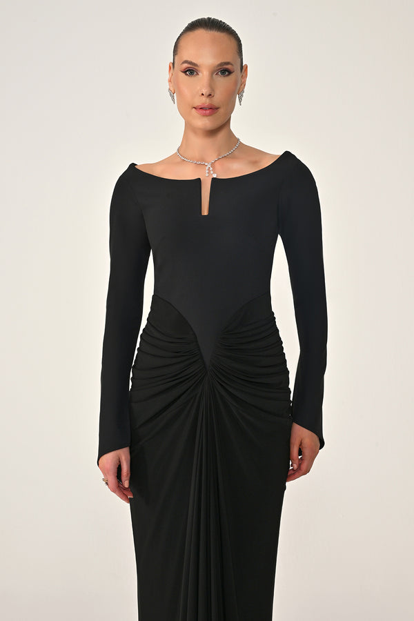 Long-Sleeved Draped Knit Long Dress
