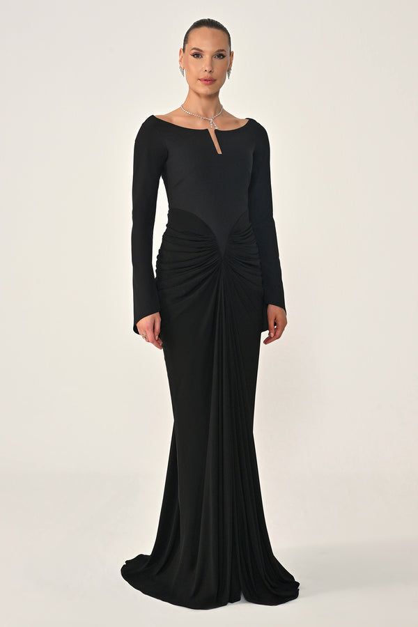 Long-Sleeved Draped Knit Long Dress