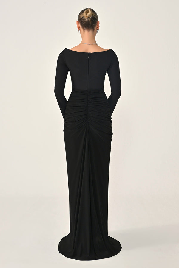 Long-Sleeved Draped Knit Long Dress