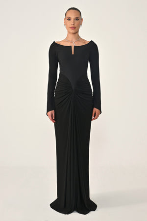 Long-Sleeved Draped Knit Long Dress