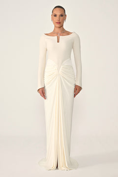 Long-Sleeved Draped Knit Long Dress