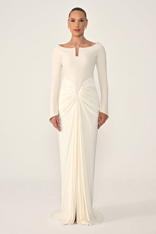 Long-Sleeved Draped Knit Long Dress