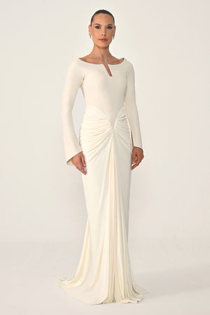 Long-Sleeved Draped Knit Long Dress