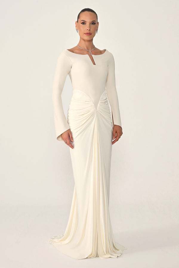 Long-Sleeved Draped Knit Long Dress