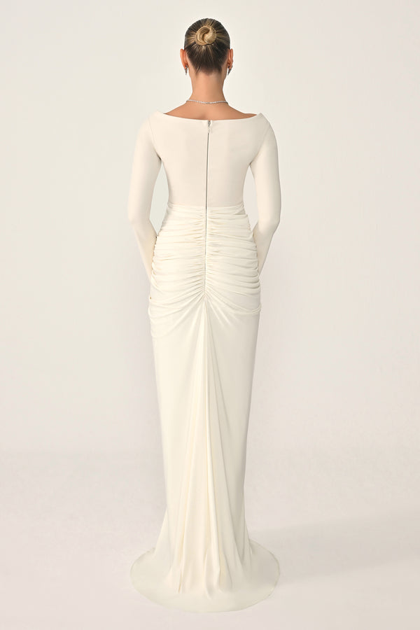 Long-Sleeved Draped Knit Long Dress
