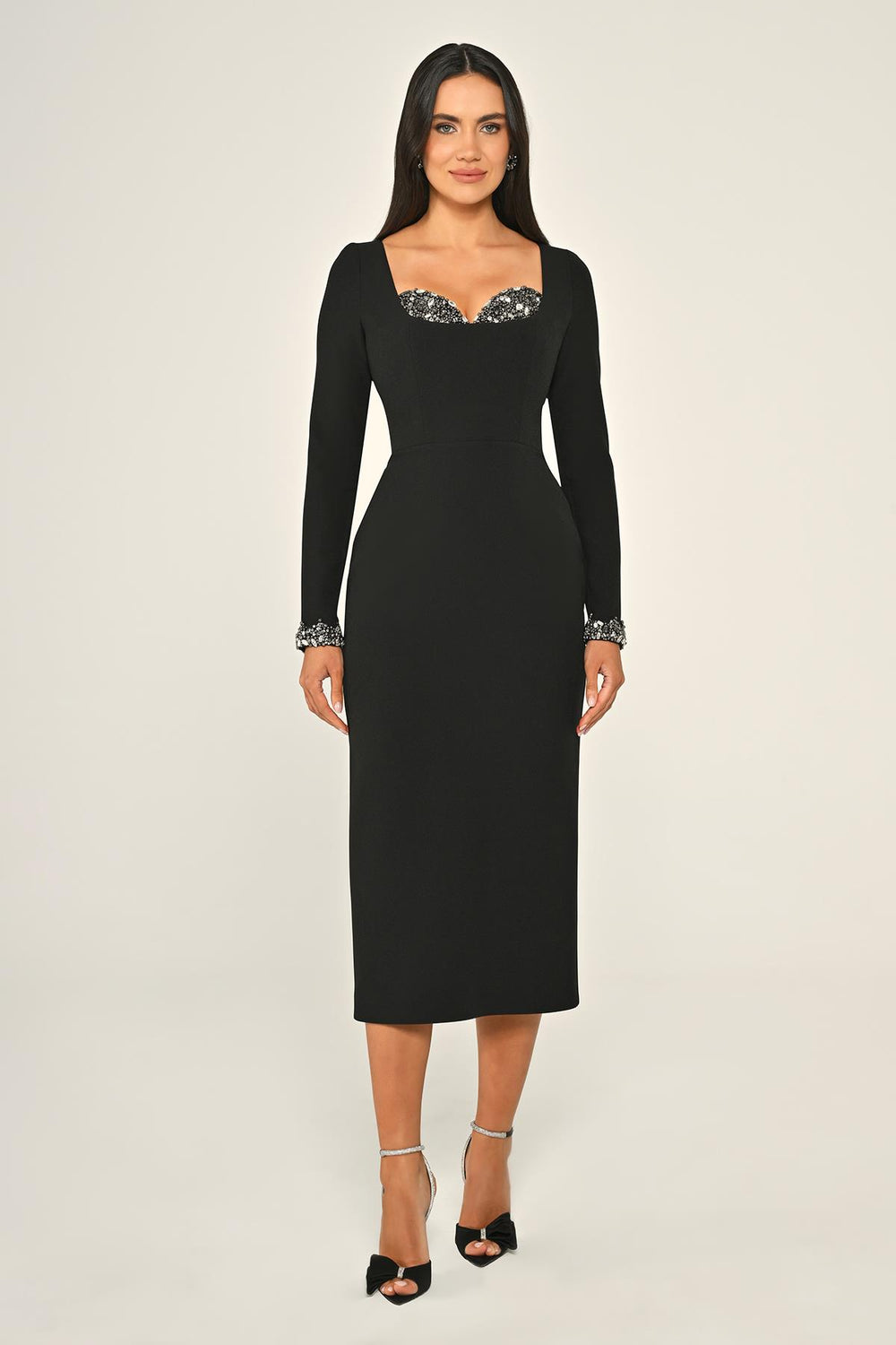 Long-Sleeved Crêpe Midi Dress with Bust Accessory