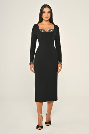 Long-Sleeved Crêpe Midi Dress with Bust Accessory