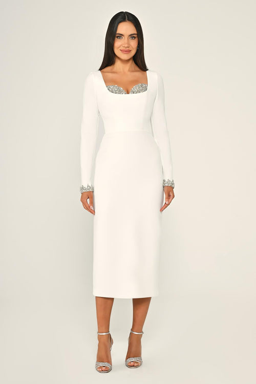 Long-Sleeved Crêpe Midi Dress with Bust Accessory