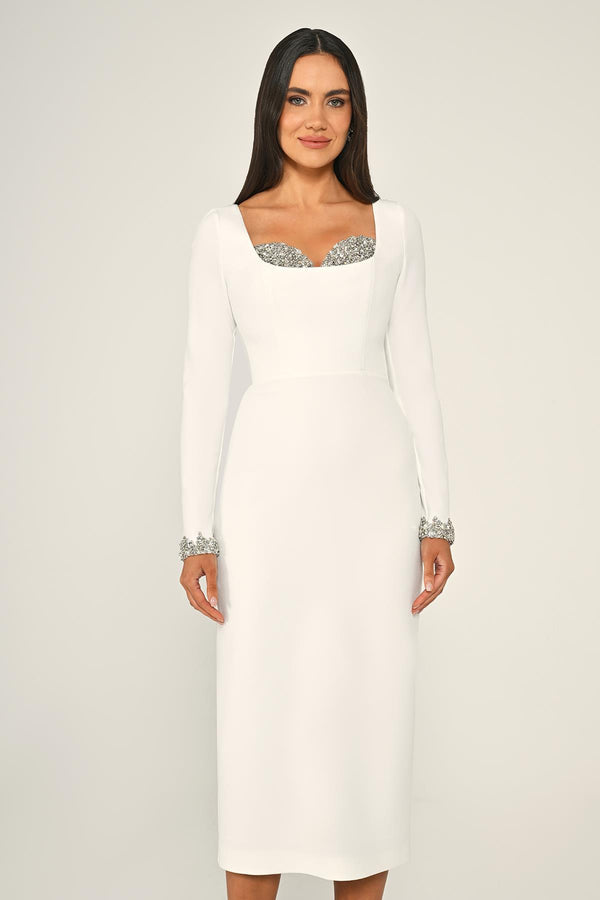 Long-Sleeved Crêpe Midi Dress with Bust Accessory