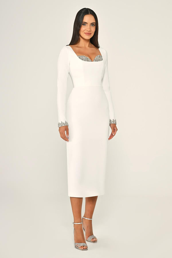 Long-Sleeved Crêpe Midi Dress with Bust Accessory
