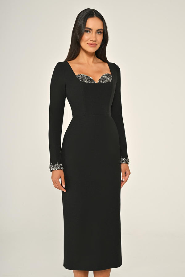 Long-Sleeved Crêpe Midi Dress with Bust Accessory