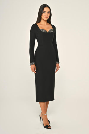 Long-Sleeved Crêpe Midi Dress with Bust Accessory