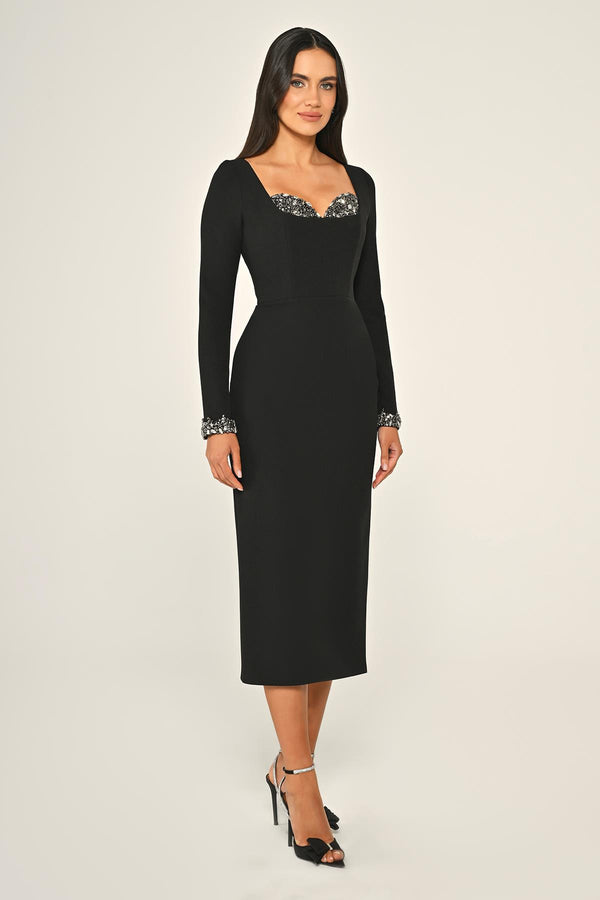 Long-Sleeved Crêpe Midi Dress with Bust Accessory