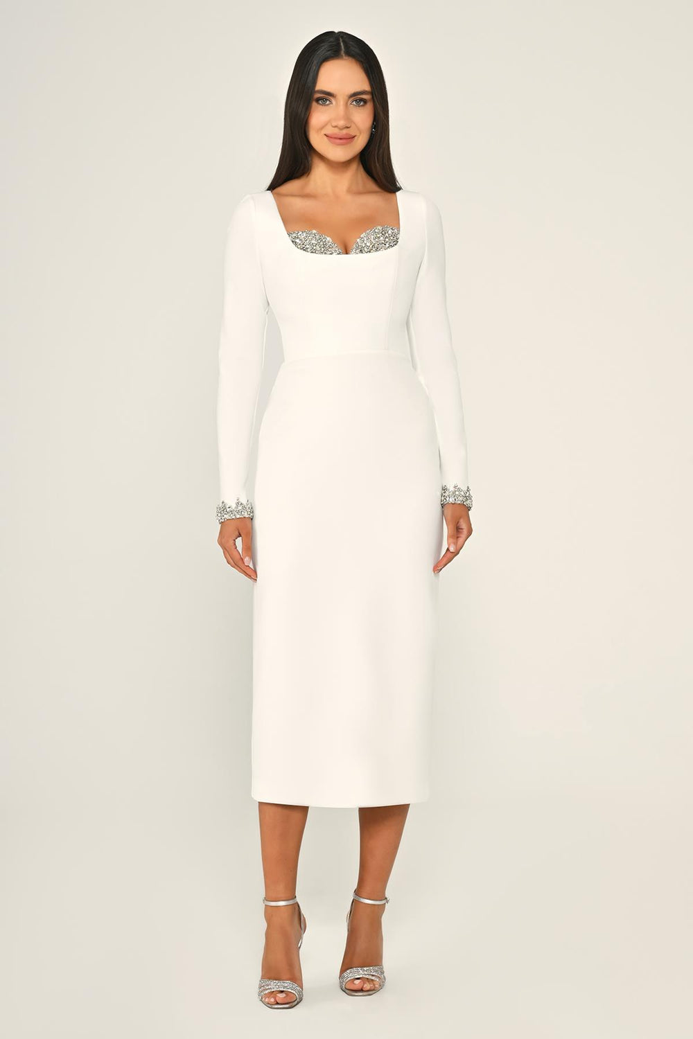 Long-Sleeved Crêpe Midi Dress with Bust Accessory