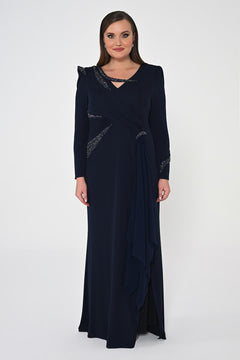 Long Sleeve Embroidered Sequin Crepe Maxi Dress