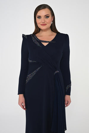 Long Sleeve Embroidered Sequin Crepe Maxi Dress