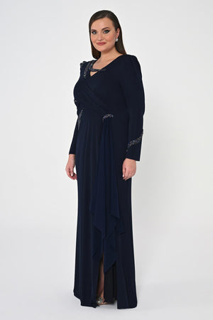 Long Sleeve Embroidered Sequin Crepe Maxi Dress