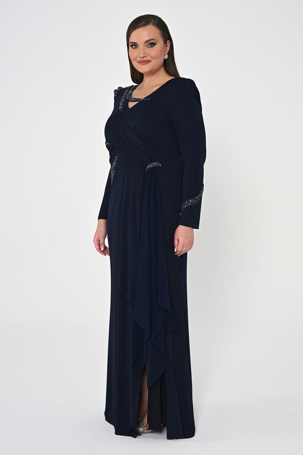 Long Sleeve Embroidered Sequin Crepe Maxi Dress