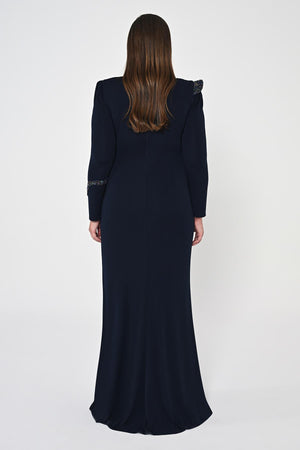 Long Sleeve Embroidered Sequin Crepe Maxi Dress