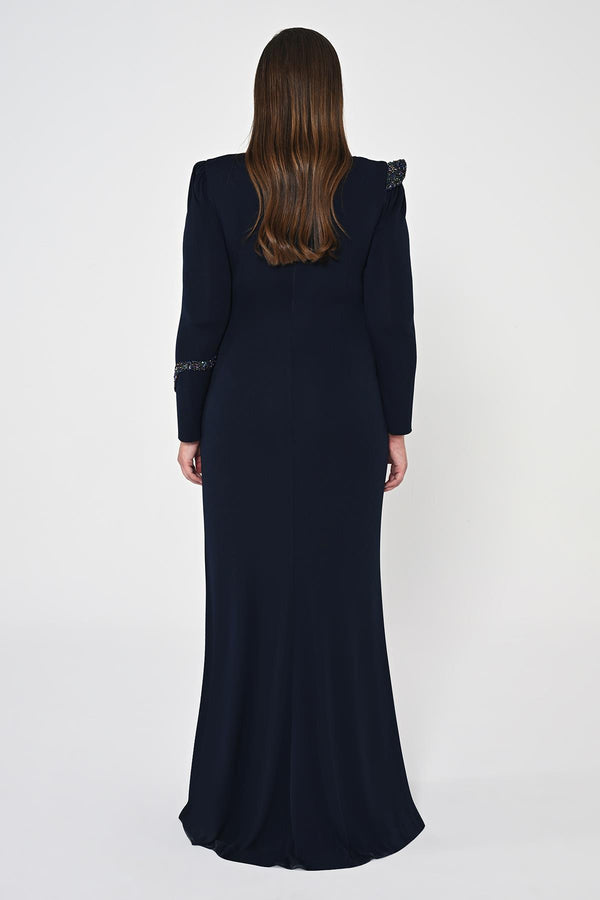 Long Sleeve Embroidered Sequin Crepe Maxi Dress