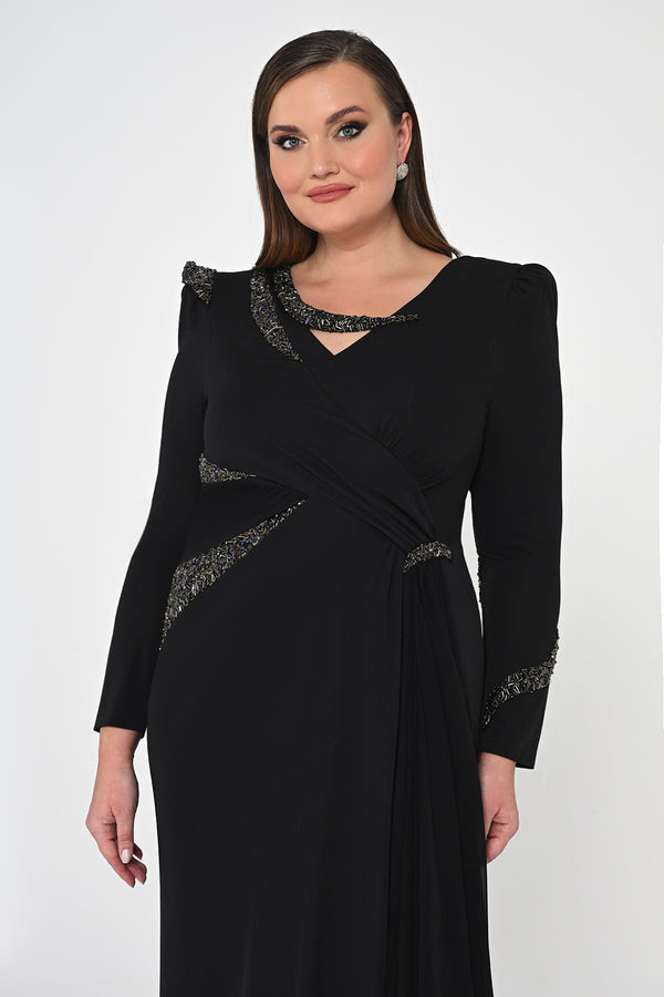 Long Sleeve Embroidered Sequin Crepe Maxi Dress