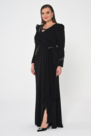 Long Sleeve Embroidered Sequin Crepe Maxi Dress