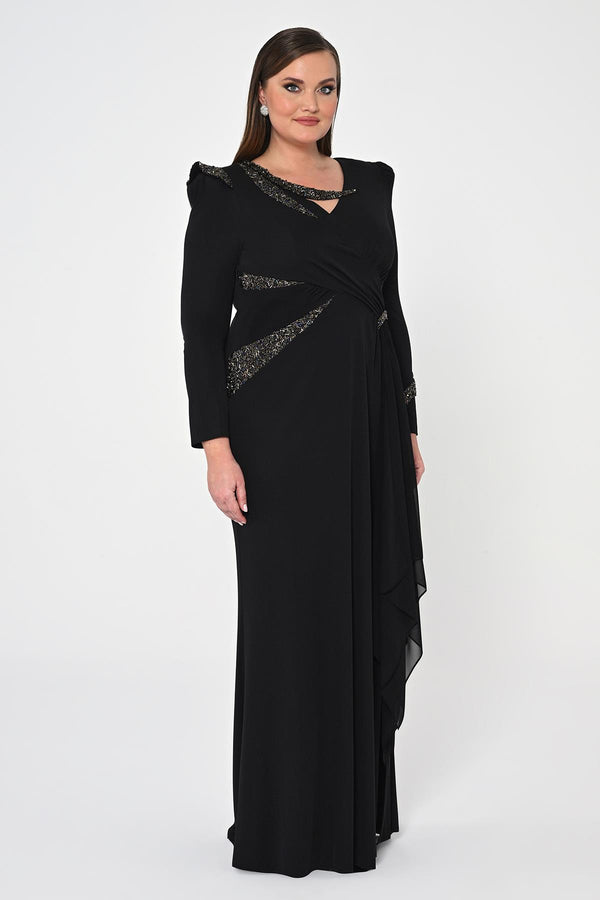 Long Sleeve Embroidered Sequin Crepe Maxi Dress