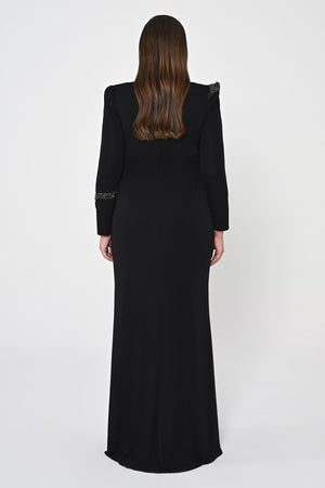 Long Sleeve Embroidered Sequin Crepe Maxi Dress