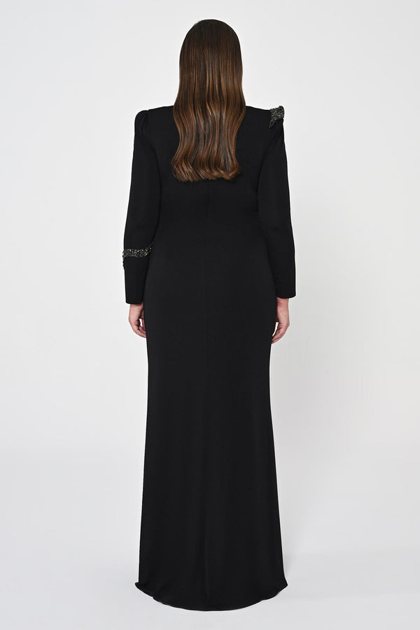 Long Sleeve Embroidered Sequin Crepe Maxi Dress